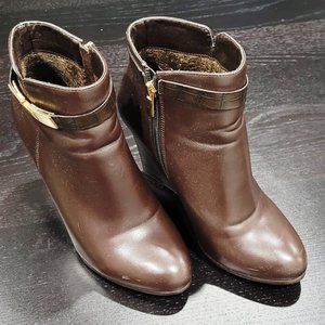 Ela Brown Leather Round Toe Lace Up Wedge Heels Ankle Boots Booties